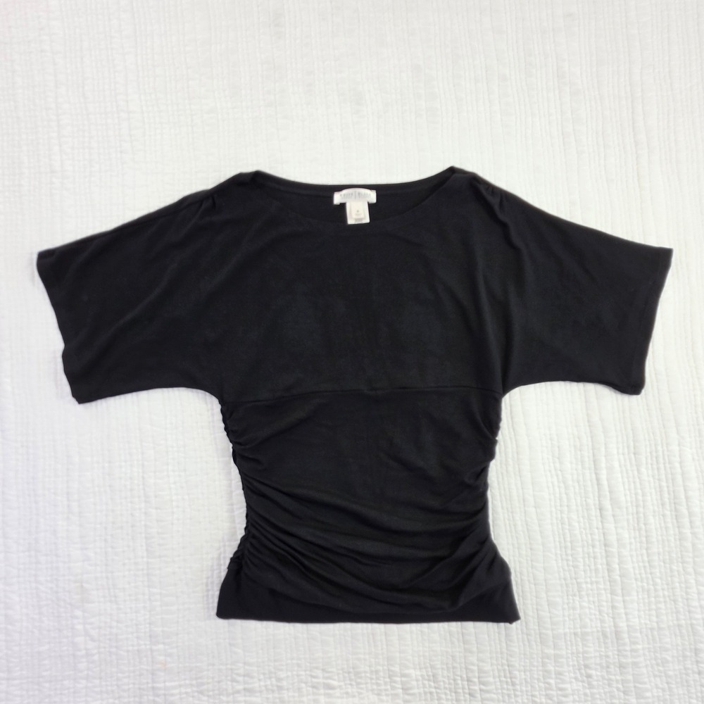 White House Black Market Black Ruched Side Short Sleeve Boat Neck Blouse Top EUC